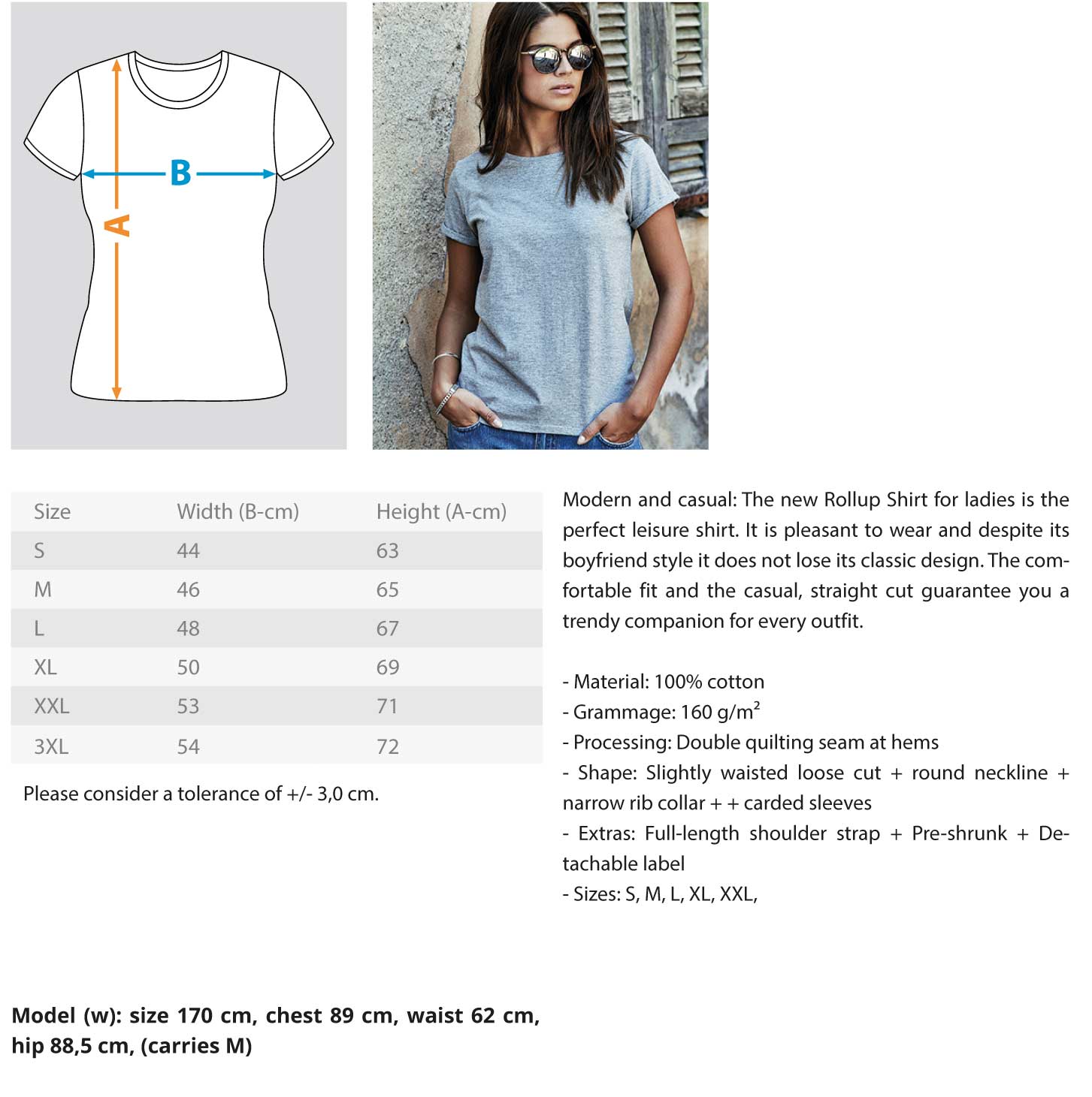 T-shirt Blanc Femme - Damen RollUp Shirt